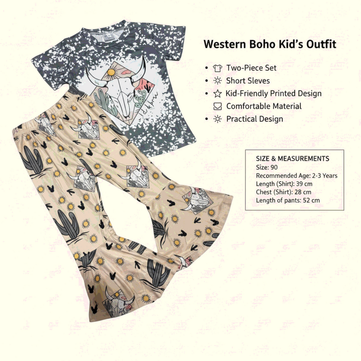 Girls’ Grey & Beige Printed Pajama Set – Size 90 – 2-3 Years