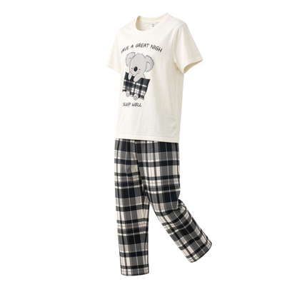 Girls’ White Koala Pajama Set with Plaid Pants – Age 5 Years