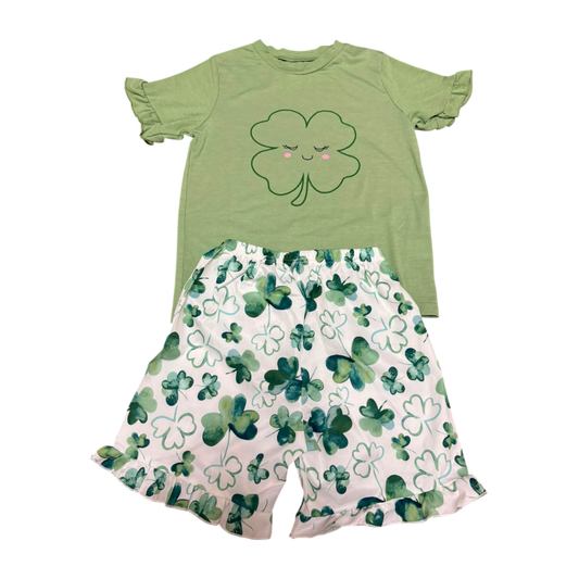 Girls' summer set in olive green with a floral print – T-shirt and shorts – size 120, ages 5-6 years