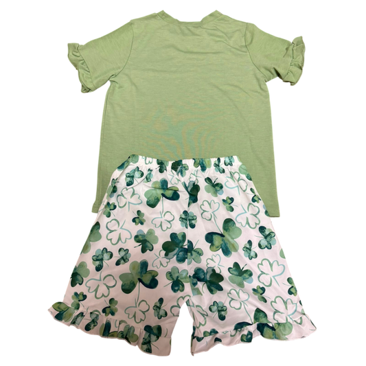 Girls' summer set in olive green with a floral print – T-shirt and shorts – size 120, ages 5-6 years