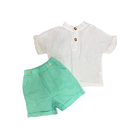 Boys' summer linen set – white shirt and mint green shorts – ages 9 months to 1.5 years