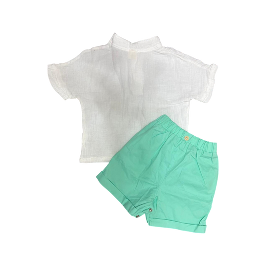 Boys' summer linen set – white shirt and mint green shorts – ages 9 months to 1.5 years