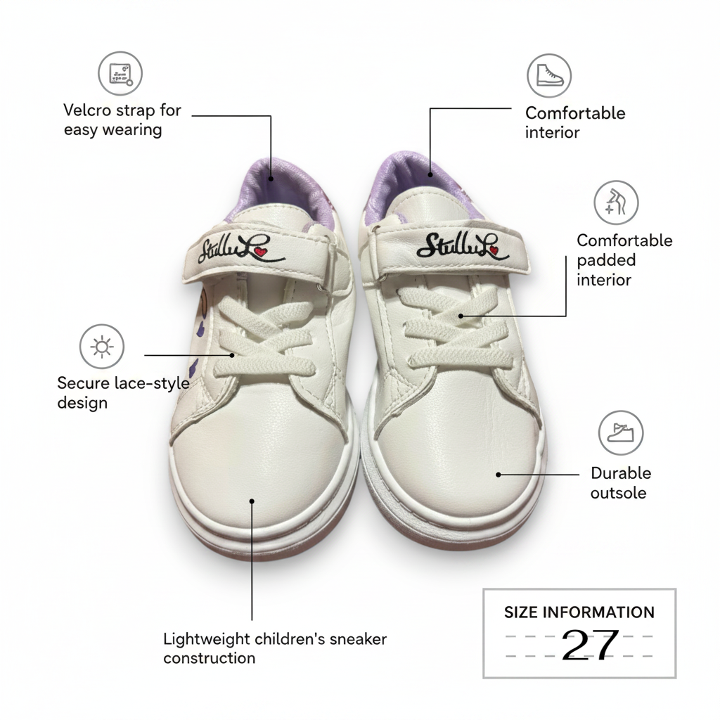 Girls’ White & Purple Sneakers – Comfortable & Stylish – Size 27 – 18 cm Foot Length