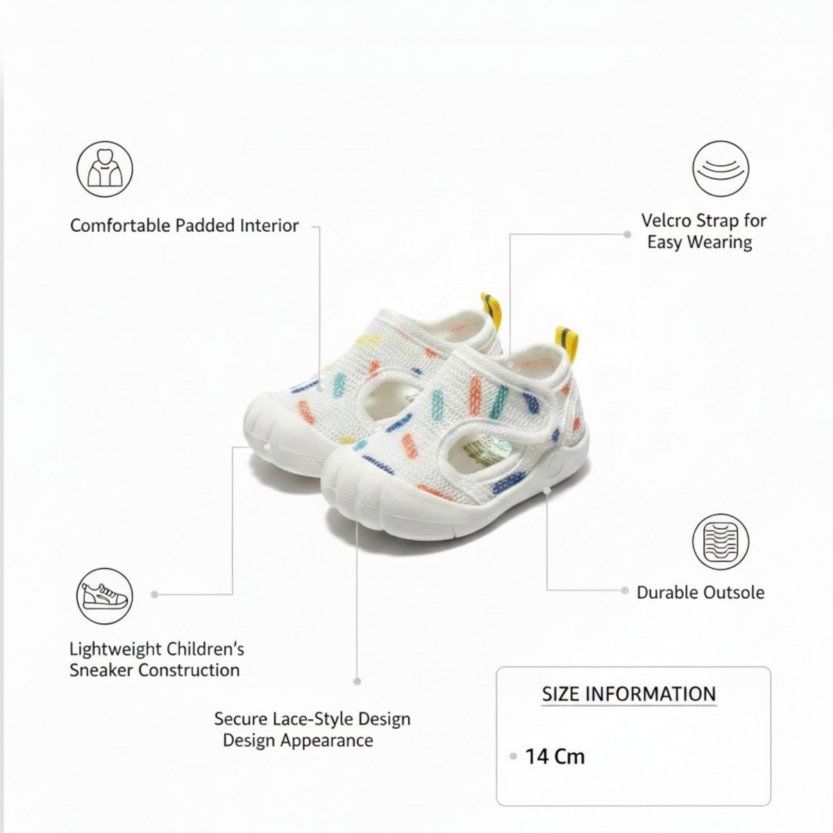 Baby Unisex White Mesh Shoes with Multicolor Print – 14 cm Foot Length – Lightweight & Comfortable