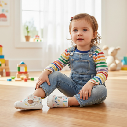 Baby Unisex White Mesh Shoes with Multicolor Print – 14 cm Foot Length – Lightweight & Comfortable