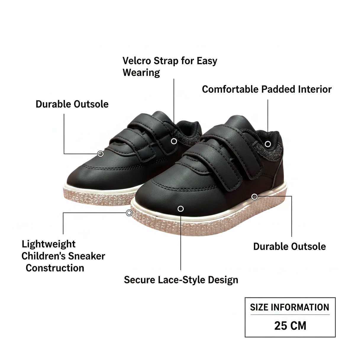 Girls’ Black Velcro Strap Sneakers – Size 25 – 17 cm Foot Length – Comfortable & Durable