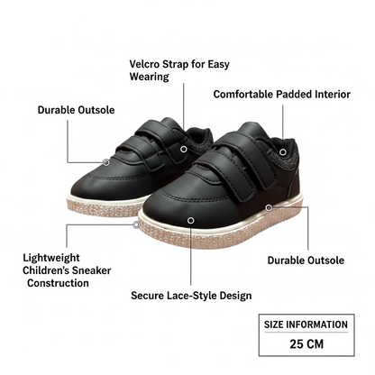 Girls’ Black Velcro Strap Sneakers – Size 25 – 17 cm Foot Length – Comfortable & Durable