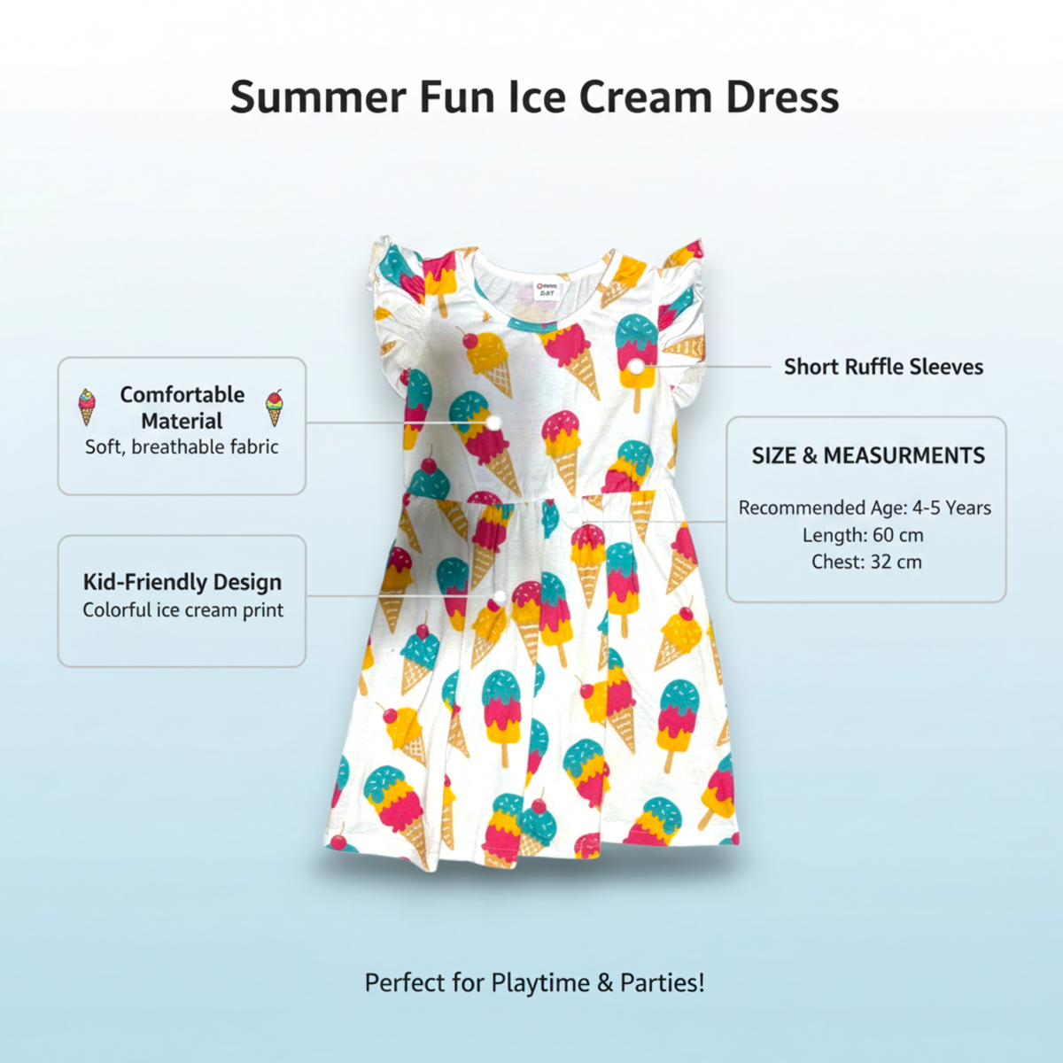 Girls’ Ice Cream Print Summer Dress – 5-6 Years – 60 cm Length
