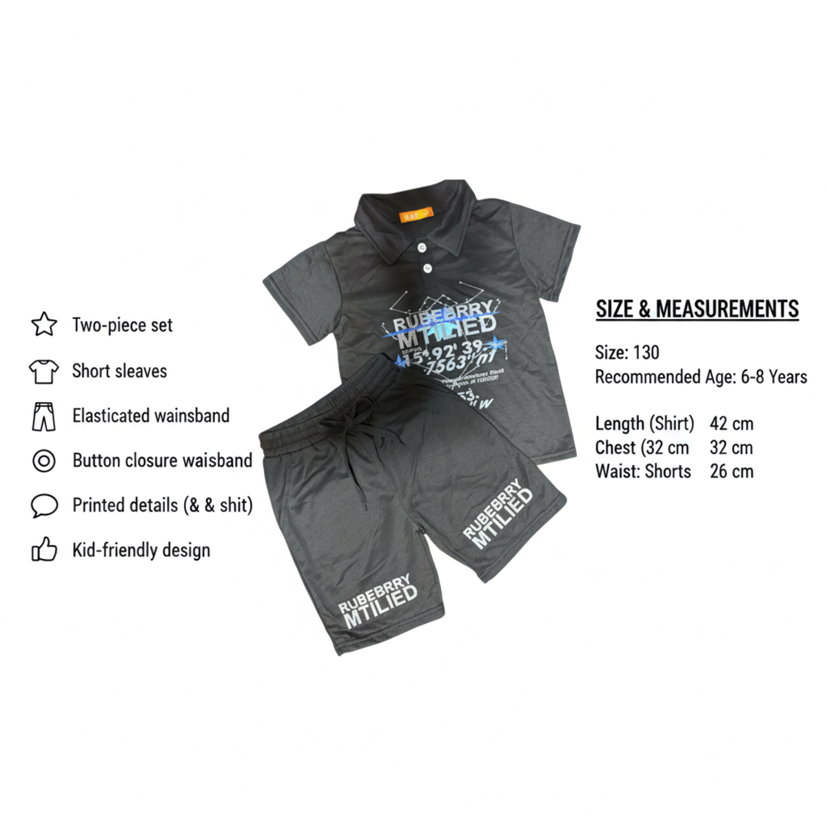 Boys’ Black Polo T-Shirt & Shorts Set – Size 130 – 6-8 Years