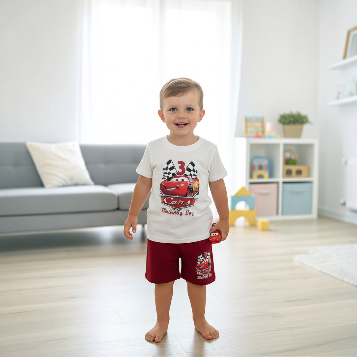 Boys’ Cars Graphic T-Shirt & Red Shorts Set – Size 100 – 3 Years