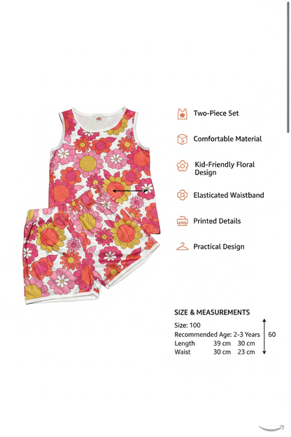 Girls’ Floral Summer Set – Sleeveless Top & Shorts – Size 100 – 2–3 Years