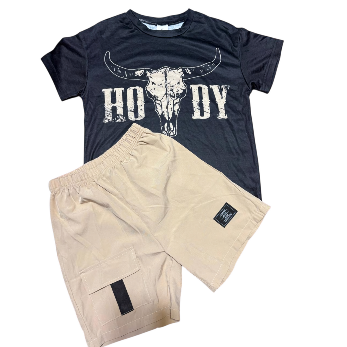 Boys’ Black & Beige Summer Set – T-Shirt & Cargo Shorts – Age 7 Years