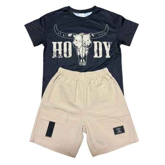 Boys’ Black & Beige Summer Set – T-Shirt & Cargo Shorts – Age 7 Years