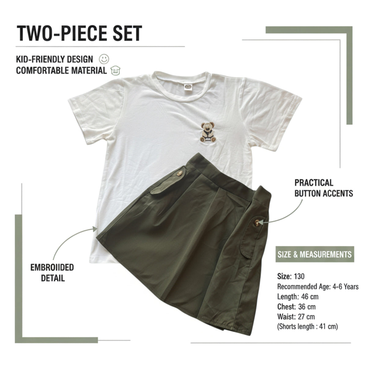 **Girls’ White & Olive Green Teddy Bear T-Shirt & Skirt Set – Size 120 – Ages 4–6 Years**