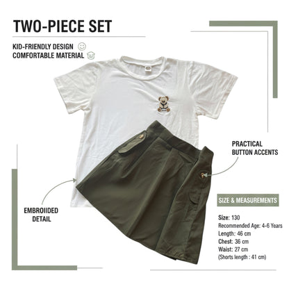 **Girls’ White & Olive Green Teddy Bear T-Shirt & Skirt Set – Size 120 – Ages 4–6 Years**