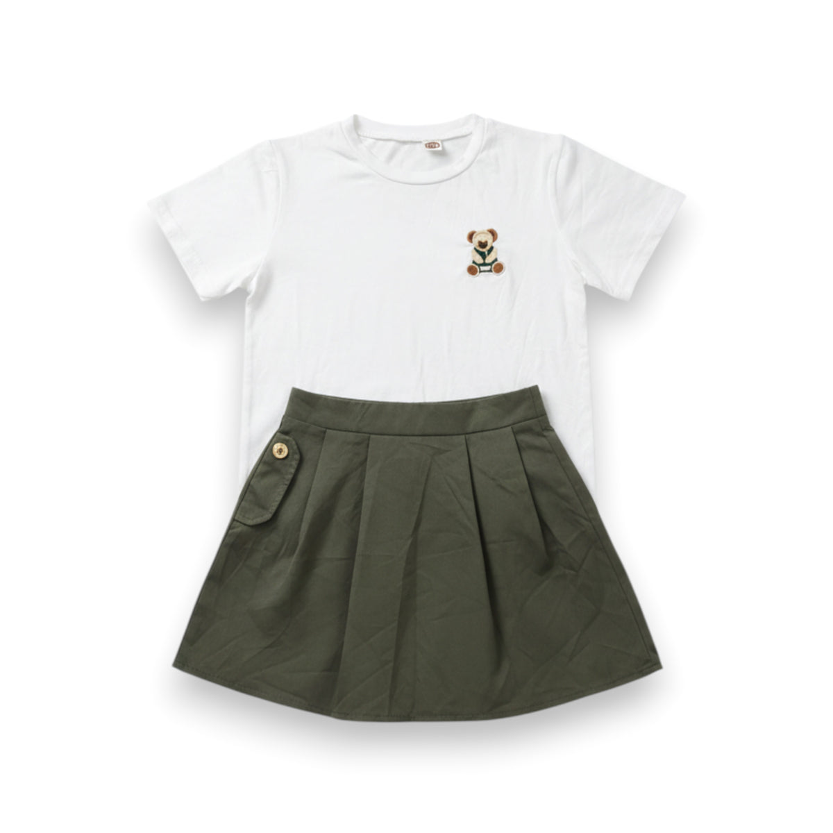 **Girls’ White & Olive Green Teddy Bear T-Shirt & Skirt Set – Size 120 – Ages 4–6 Years**